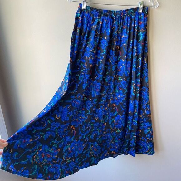 Vintage 80s/90s Liz Baker Essentials Elastic Waist A-Line Six Panel Blue Paisley - Picture 5 of 7